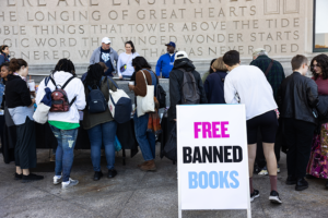 Read Banned Books. Activists protest book bans at the Brooklyn Public Library