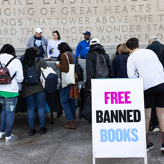 Read Banned Books. Activists protest book bans at the Brooklyn Public Library